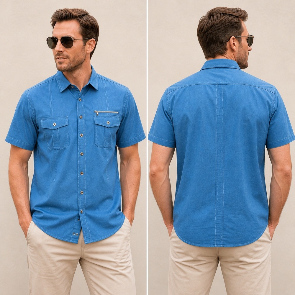 Rock & Republic Mens Large Blue Short Sleeve Button Down Utility‎ Shirt RN73277
